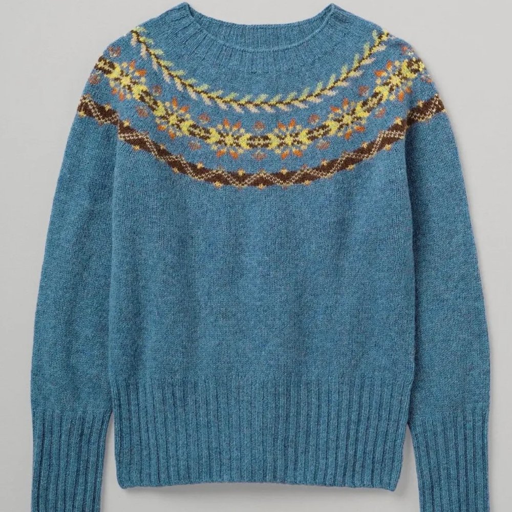 Toast Fair Isle Sweater Graphic Yoke in Mineral Blue size small